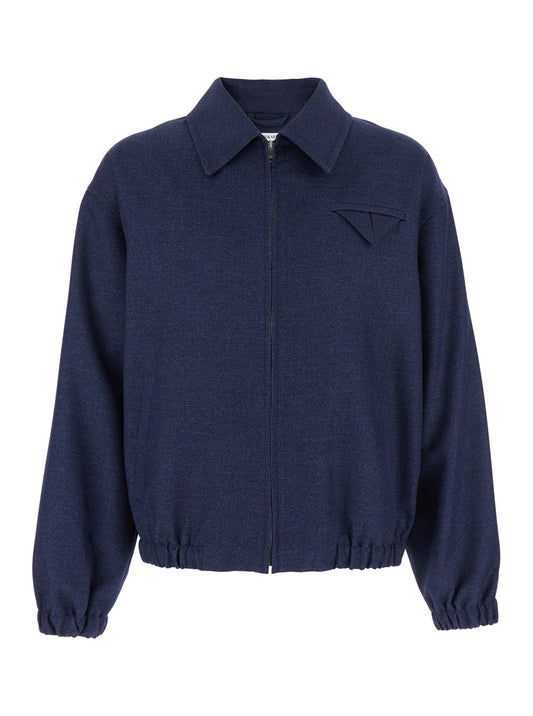 Bottega Veneta Men Blue Jacket With Classic Collar And Front Zip Closure In Wool Man