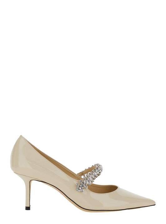 Jimmy Choo Women 'Bing' White Pumps With Crystal Embellishments And High Cone Heel In Patent Leather Blend Woman