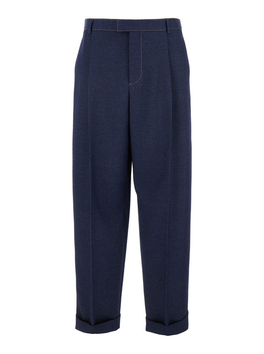 Bottega Veneta Men Blue Pants With Belt Loops And Turn-Up Hem In Wool Man