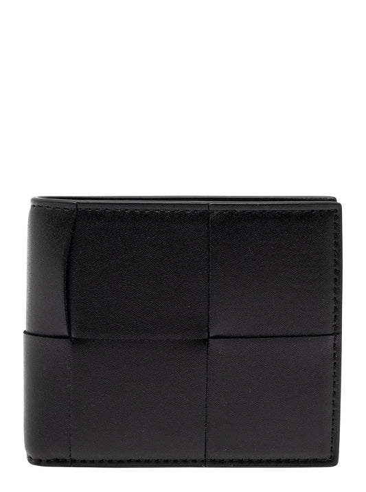 Bottega Veneta Men Black Bi-Fold Wallet With Intreccio Motif In Leather Man