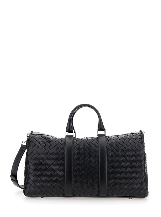 Bottega Veneta Men Black Travel Bag With Intrecciato Motif And Shoulder Strap In Leather Man