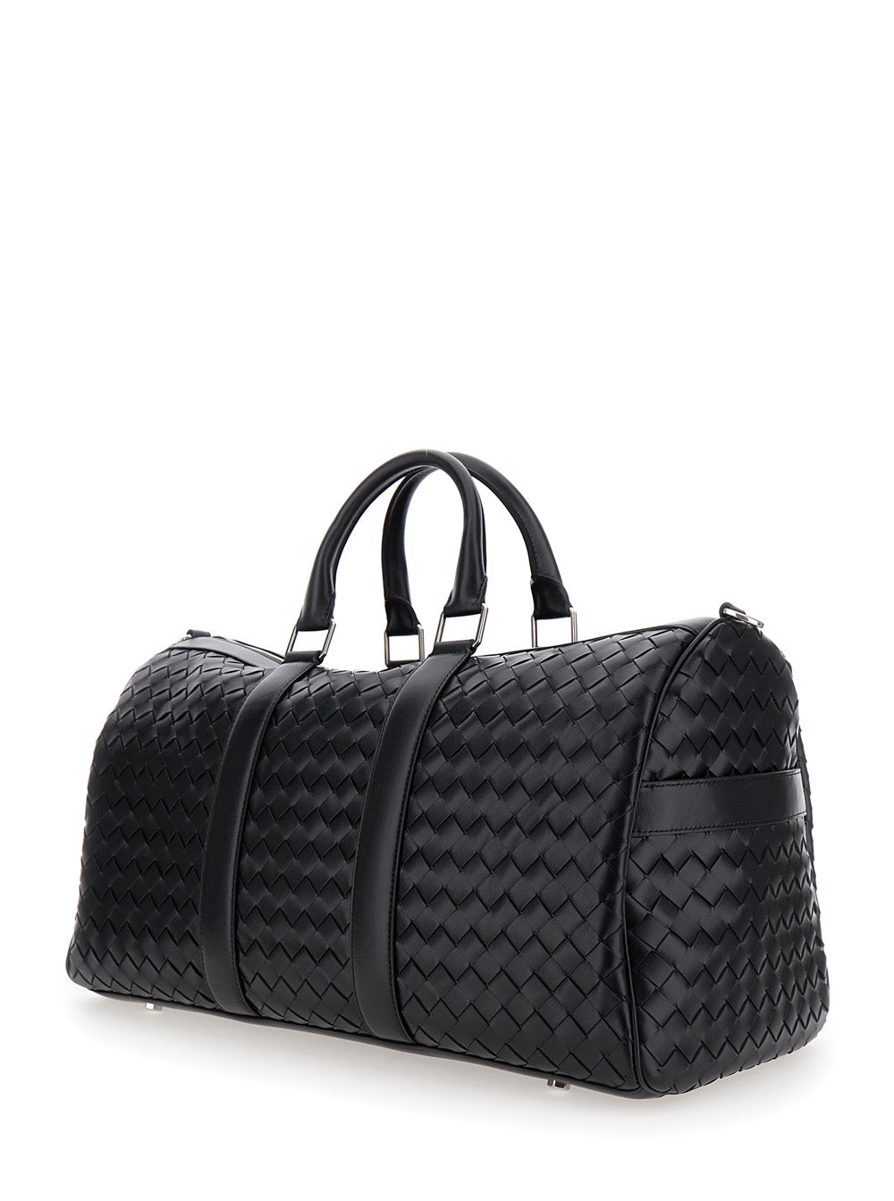Bottega Veneta Men Black Travel Bag With Intrecciato Motif And Shoulder Strap In Leather Man