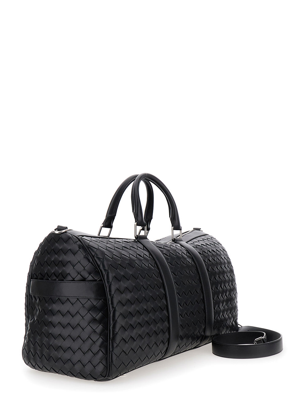 Bottega Veneta Men Black Travel Bag With Intrecciato Motif And Shoulder Strap In Leather Man