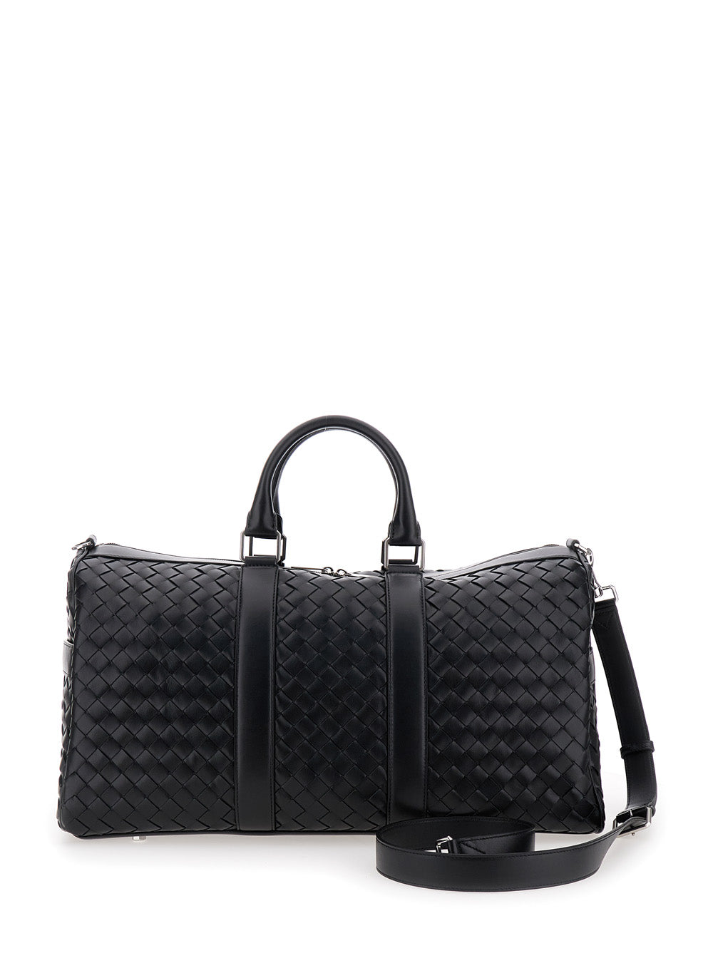 Bottega Veneta Men Black Travel Bag With Intrecciato Motif And Shoulder Strap In Leather Man