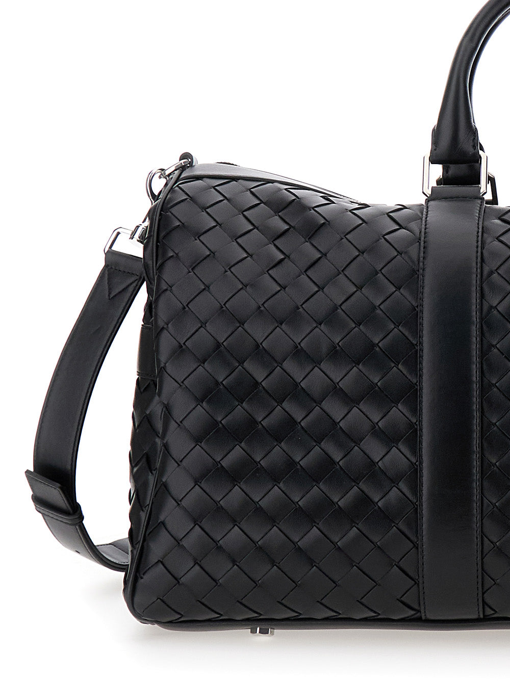 Bottega Veneta Men Black Travel Bag With Intrecciato Motif And Shoulder Strap In Leather Man