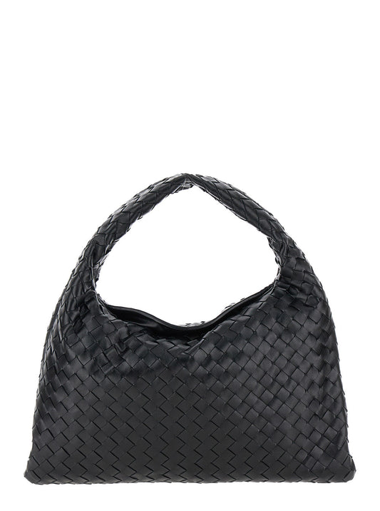 Bottega Veneta Women 'Hop Small' Black Shoulder Bag With Intreccio Motif In Leather Woman