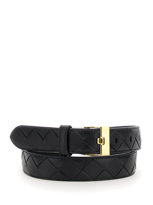 Bottega Veneta Women Black Belt With All-Over Intreccio Motif In Leather Woman