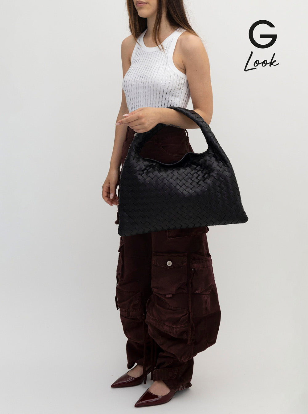 Bottega Veneta Women 'Hop Small' Black Shoulder Bag With Intreccio Motif In Leather Woman