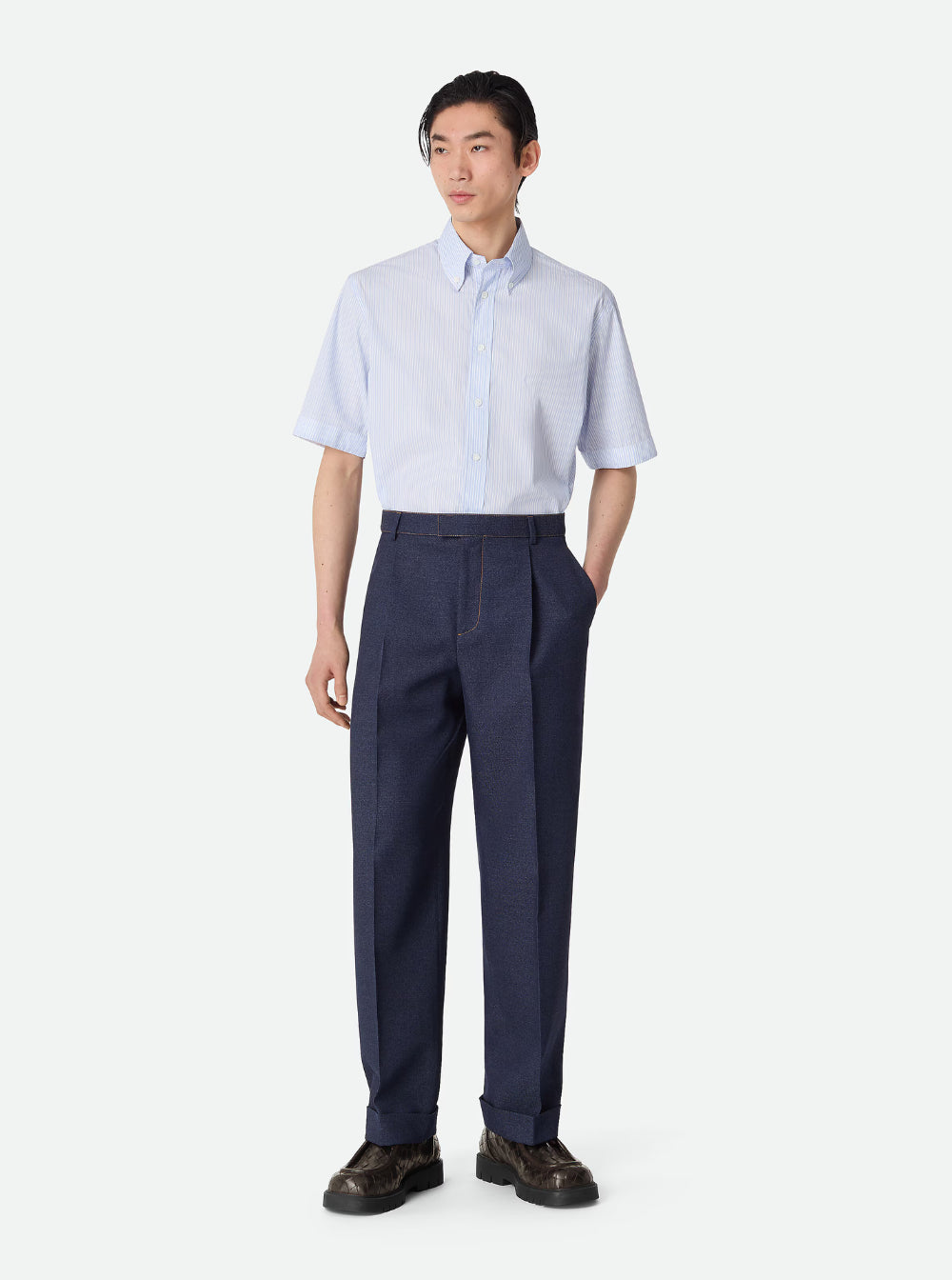 Bottega Veneta Men Blue Pants With Belt Loops And Turn-Up Hem In Wool Man