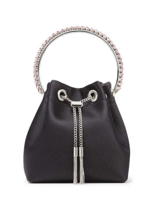 Jimmy Choo Women 'Bon Bon' Mini Black Handbag With Metal Crystal Bracelet Handle In Satin Fabbric Woman