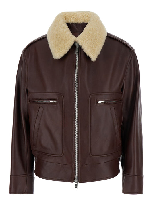 Bottega Veneta Women Brown Shearling Coat With Removable Fur Collar And Front Zip Closure In Leather Woman