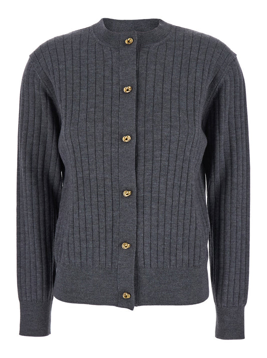 Bottega Veneta Women Grey Crewneck Cardigan With Knot Buttons Closure And Ribbed Knit In Wool Woman