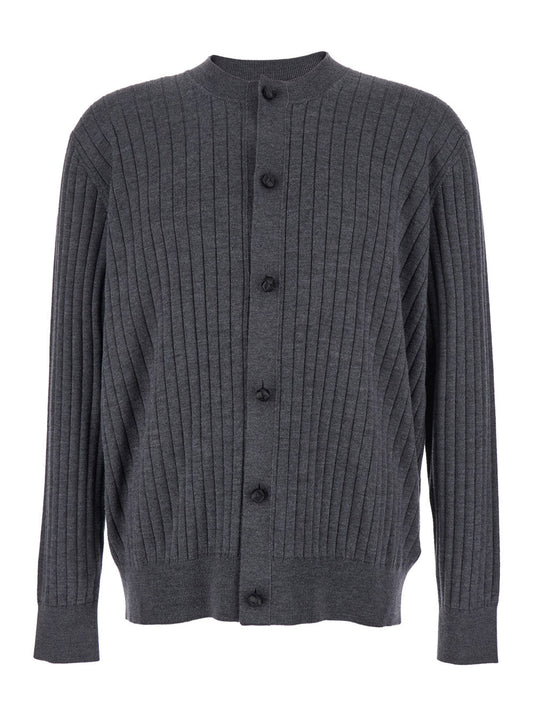 Bottega Veneta Men Grey Crewneck Cardigan With Front Button Closure And Ribbed Knit In Wool Man