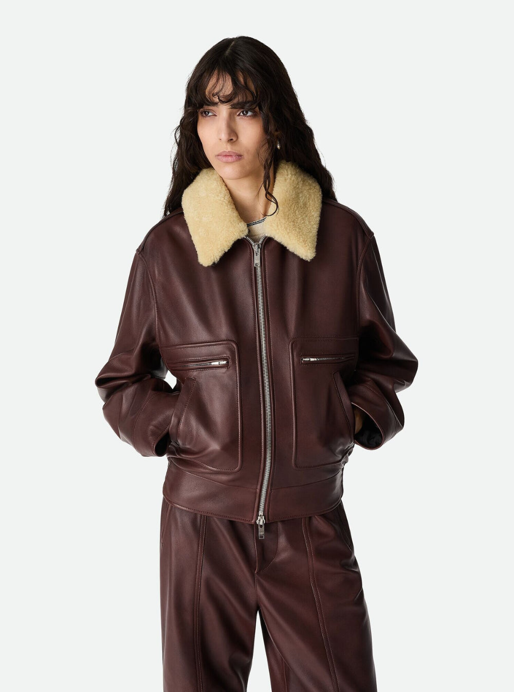 Bottega Veneta Women Brown Shearling Coat With Removable Fur Collar And Front Zip Closure In Leather Woman