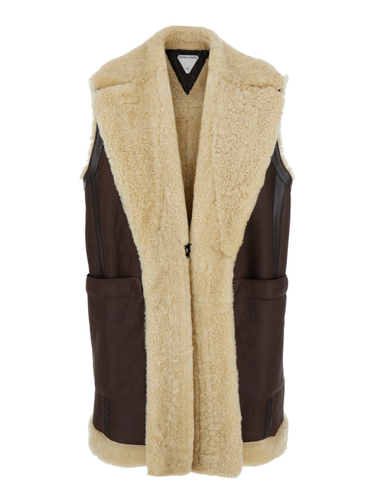 Bottega Veneta Women Brown Shearling Coat With Front Button Closure And Side Pockets In Leather Woman