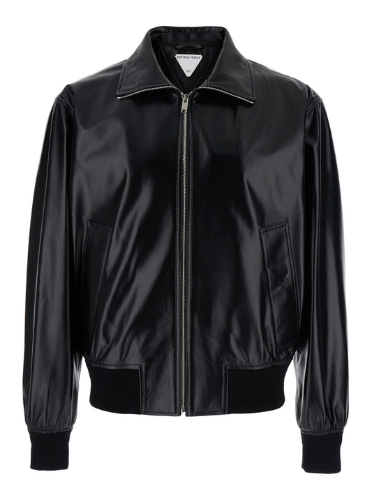 Bottega Veneta Men Black Bomber Jacket With Two Front Welt Pockets In Leather Man