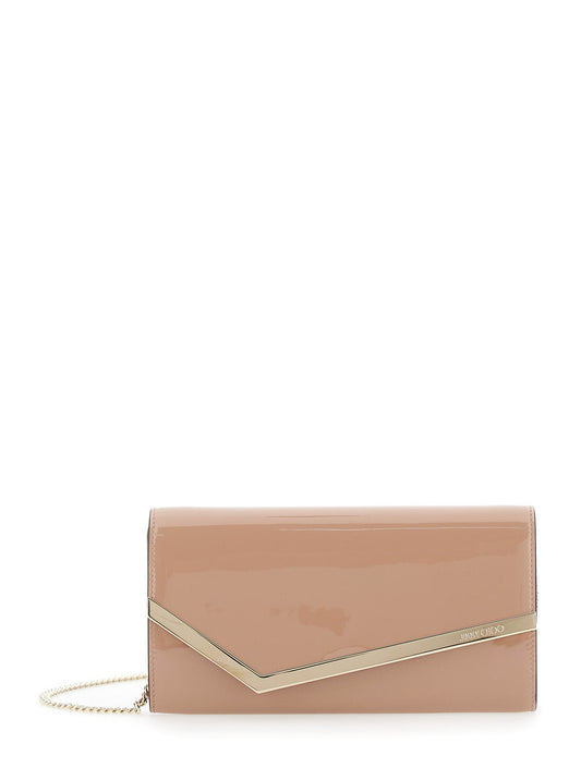 Jimmy Choo Women 'Emmie' Pink Clutch With Chain-Link Shoulder Strap And Embossed Logo Lettering On The Front In Leather Woman