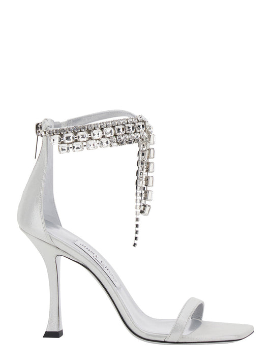 Jimmy Choo Women 'Crystal' Metallic Sandals With Rhinestoned Ankle Strap And High Curved Heel In Leather Woman