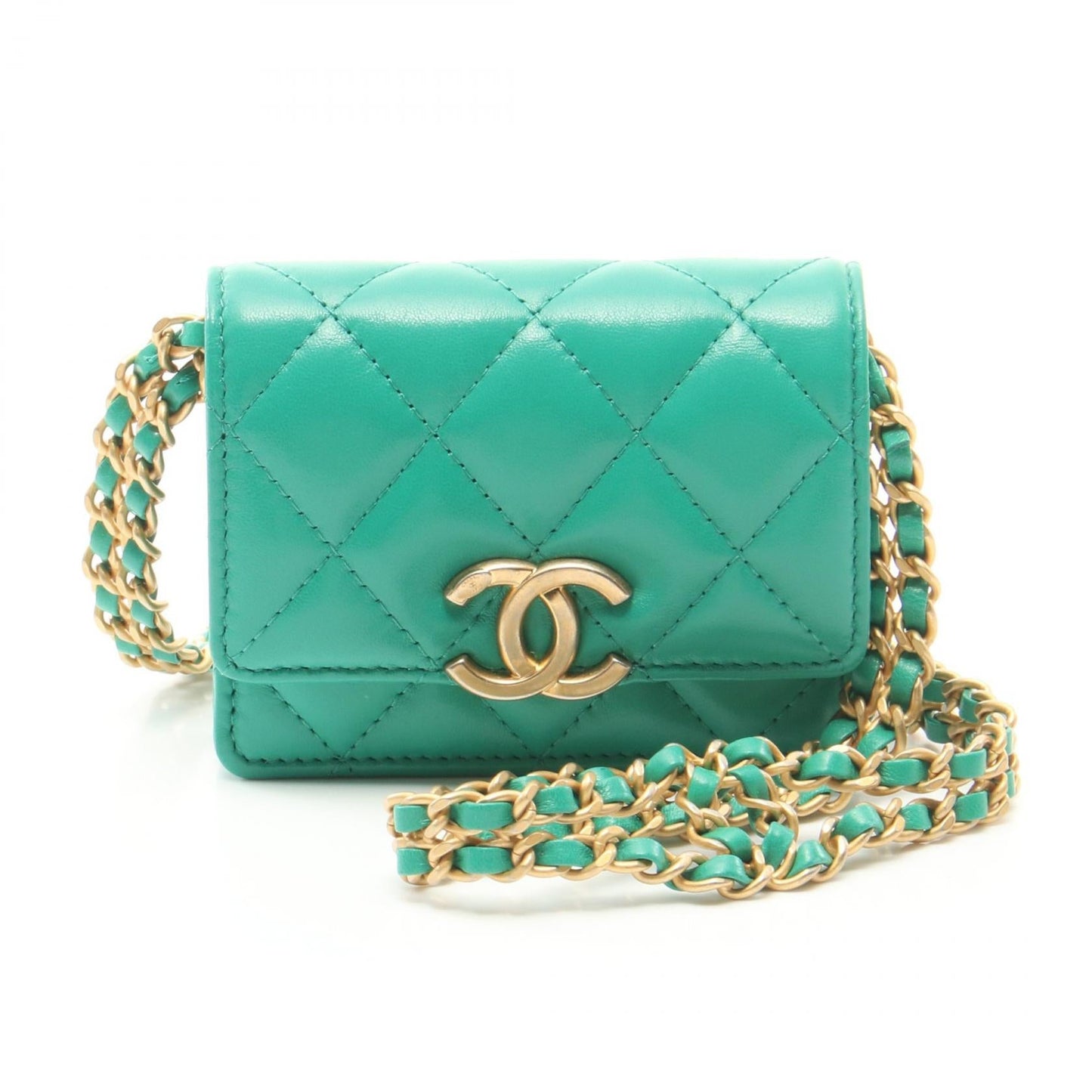 Chanel Lambskin Matelasse Card Case Green