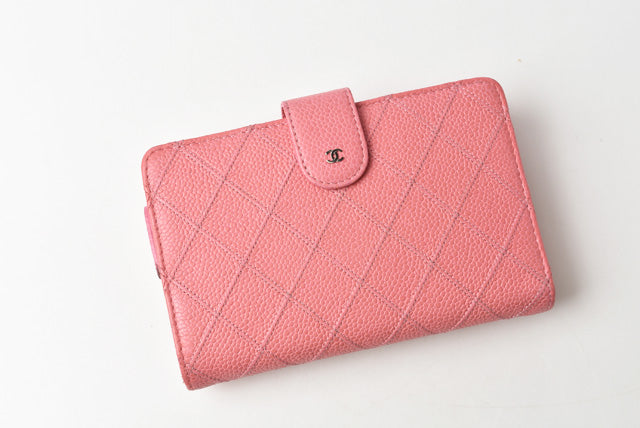 Chanel Quilted Leather Bifold Wallet Rose Silver Hardware