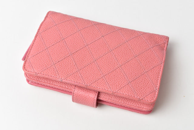Chanel Quilted Leather Bifold Wallet Rose Silver Hardware