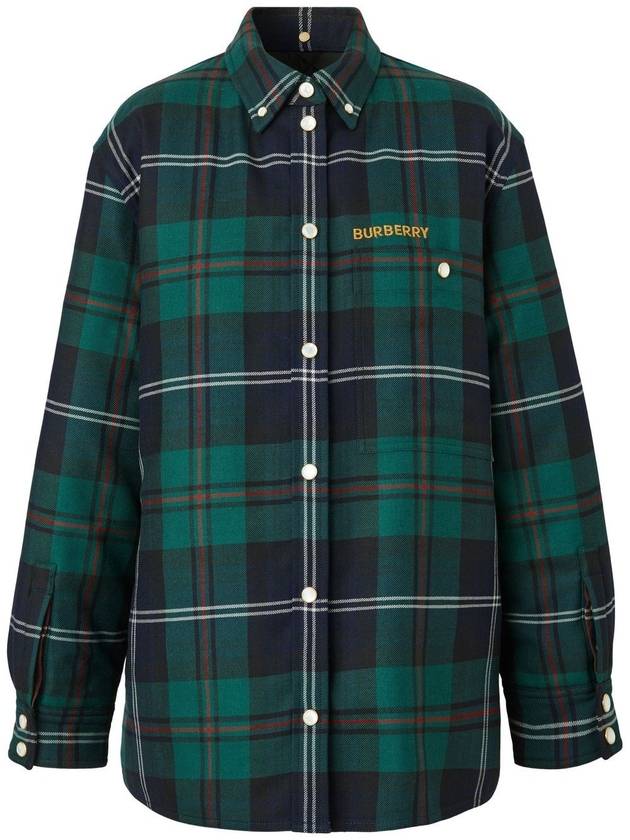 Burberry Women's Logo Embroidered Check Wool Overshirt Jacket Dark Green