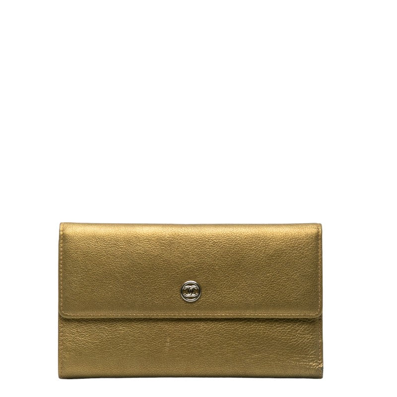 Chanel Leather Tri-Fold Wallet Metallic Khaki
