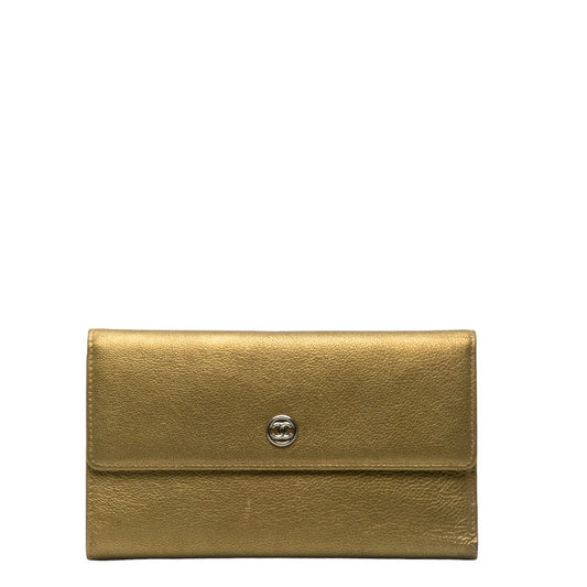 Chanel Leather Tri-Fold Wallet Metallic Khaki