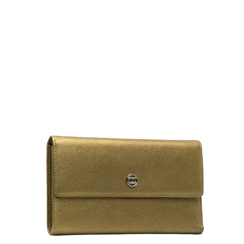 Chanel Leather Tri-Fold Wallet Metallic Khaki