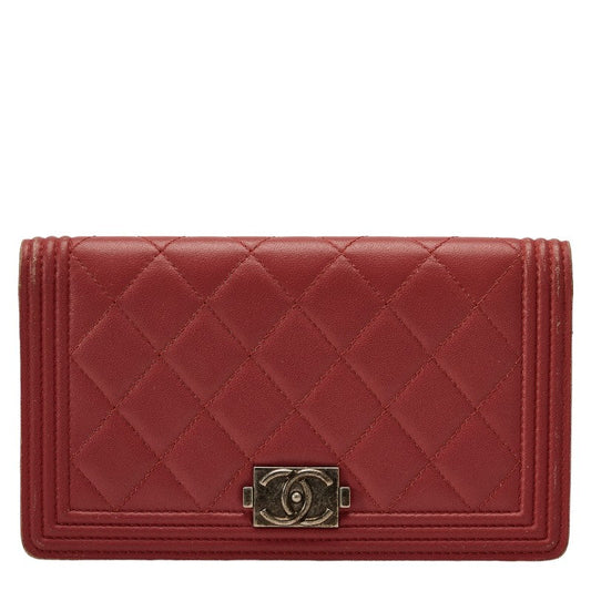 Chanel Boy Long Wallet Wine Red Leather