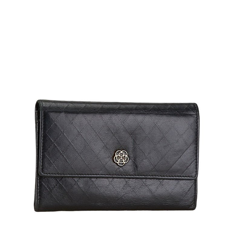 Chanel Camellia Matelasse GINZA Medium Compact Wallet Black Leather