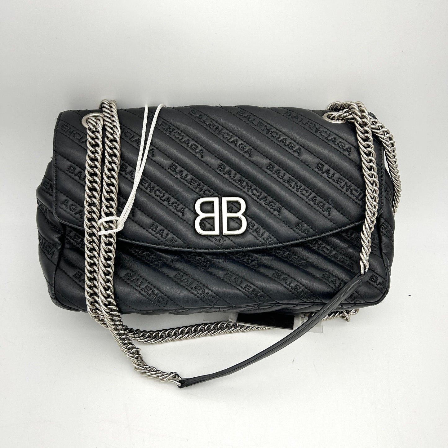 BALENCIAGA Calfskin Logo Matelasse S BB Round Shoulder Bag Black LA43555