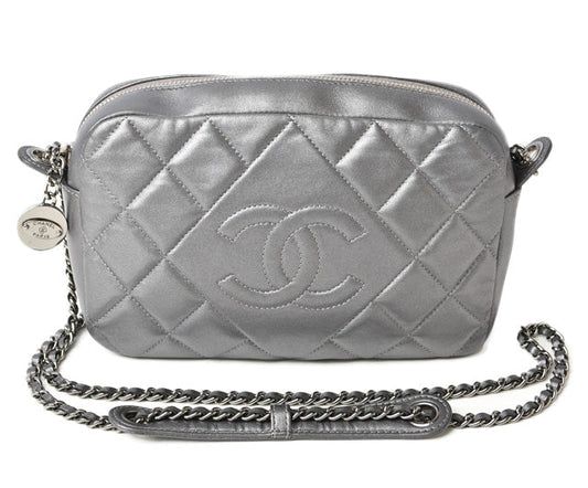 Chanel Lambskin Chain Shoulder Bag Quilted Stitch Silver