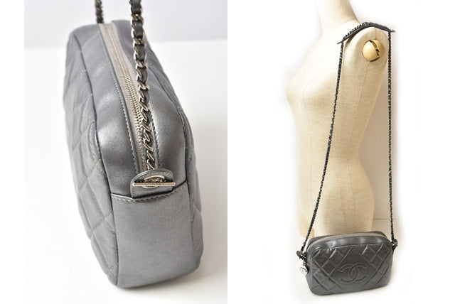 Chanel Lambskin Chain Shoulder Bag Quilted Stitch Silver