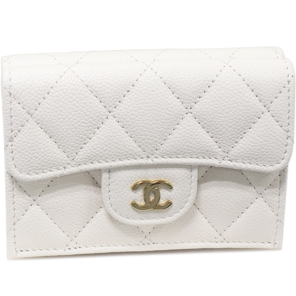 Chanel Trifold Wallet Classic Small Flap Grained Shiny Calfskin White Gold AP0230