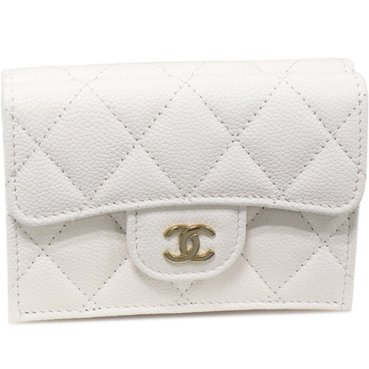 Chanel Trifold Wallet Classic Small Flap Grained Shiny Calfskin White Gold AP0230