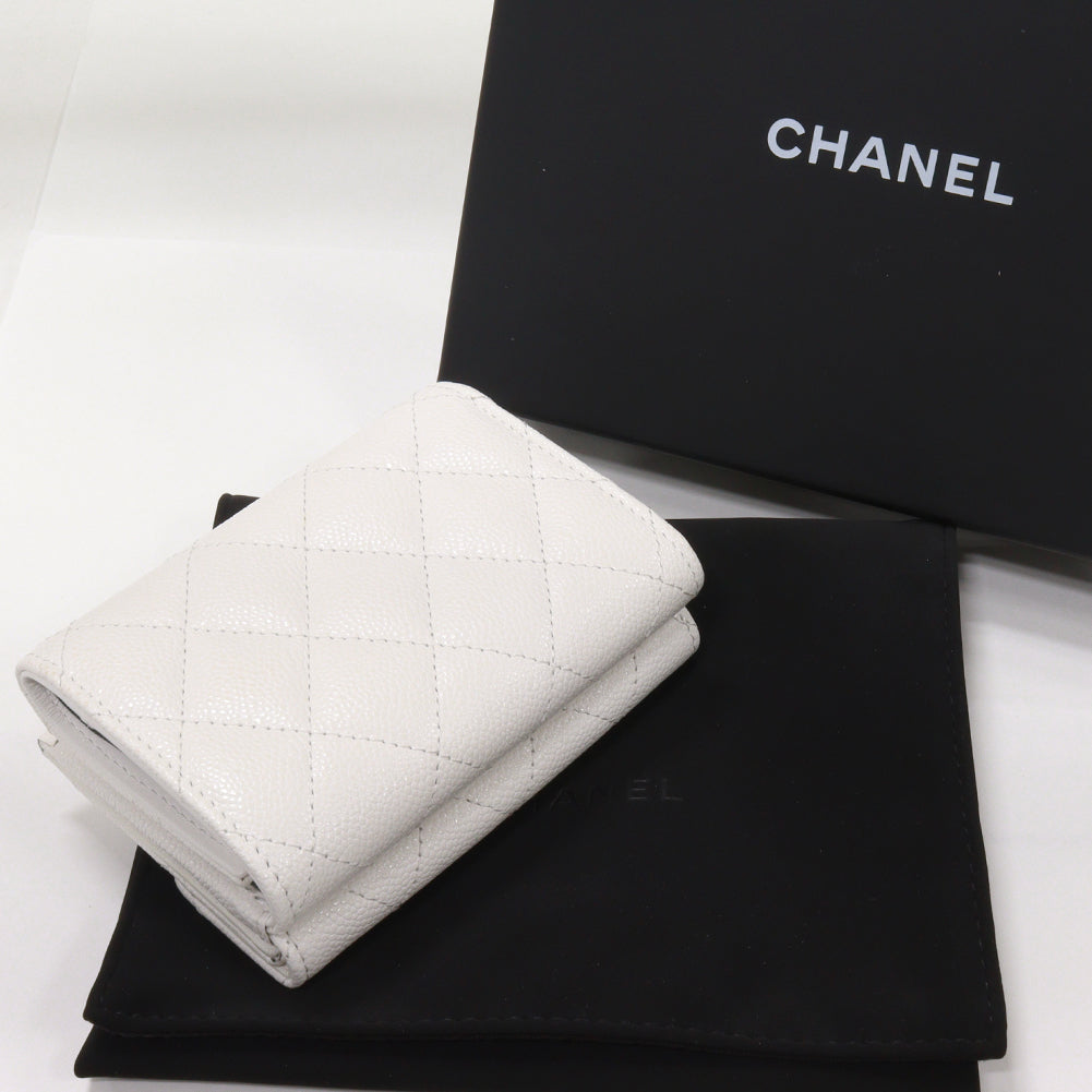 Chanel Trifold Wallet Classic Small Flap Grained Shiny Calfskin White Gold AP0230