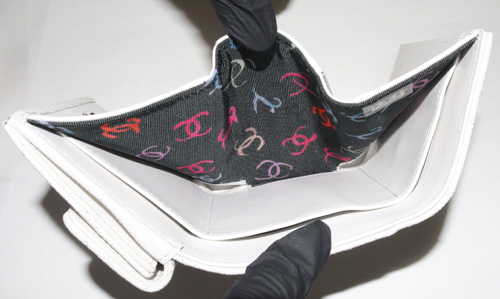 Chanel Trifold Wallet Classic Small Flap Grained Shiny Calfskin White Gold AP0230