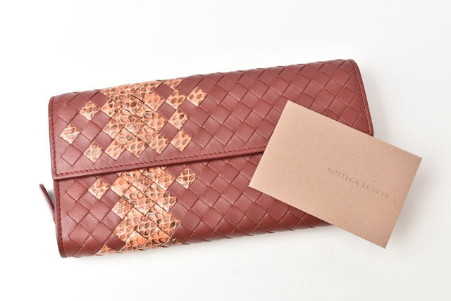 Bottega Veneta Leather Python Long Wallet Intrecciato Brown Beige