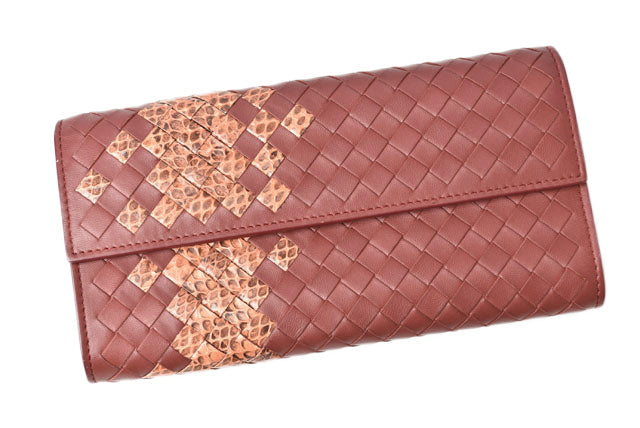 Bottega Veneta Leather Python Long Wallet Intrecciato Brown Beige