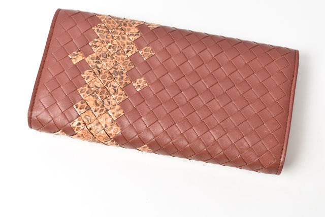 Bottega Veneta Leather Python Long Wallet Intrecciato Brown Beige