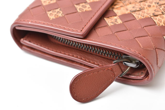 Bottega Veneta Leather Python Long Wallet Intrecciato Brown Beige