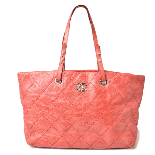 Chanel Quilted Leather Shoulder Tote Bag Dark Pink/Silver