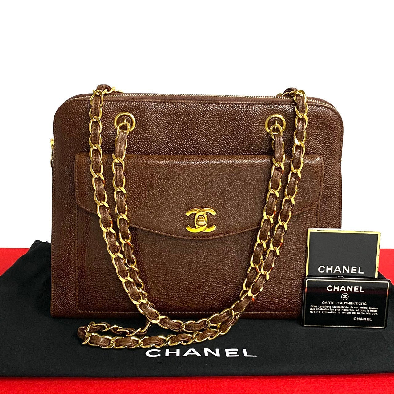 Chanel Caviar Chain Shoulder Bag Brown