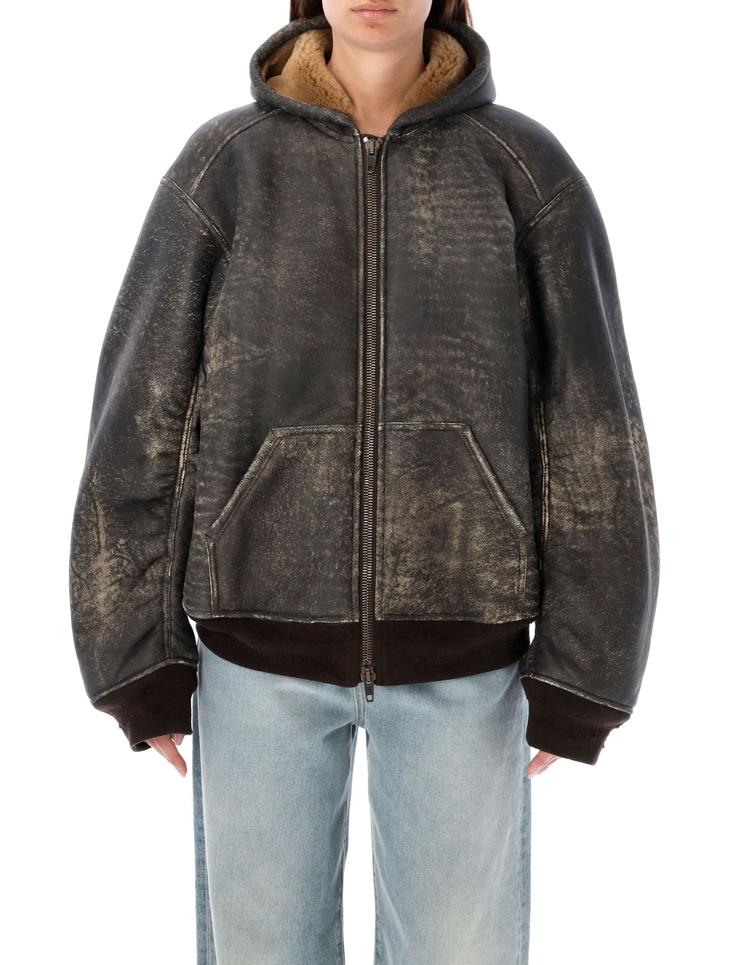 BALENCIAGA Hooded Shearling Bomber Jacket - Size 34