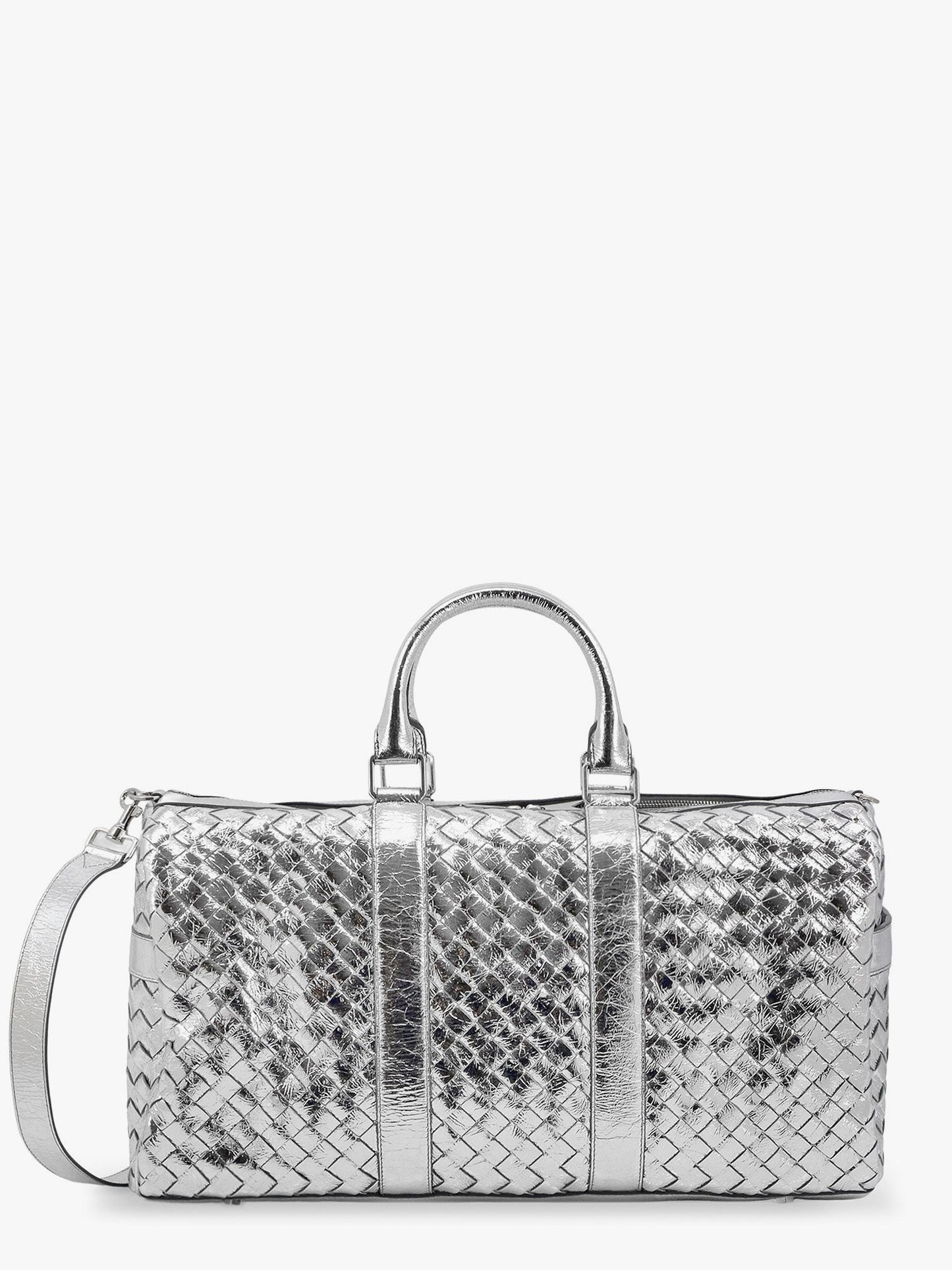 Bottega Veneta Men Silver Leather Duffle Bag With Intrecciato Motif