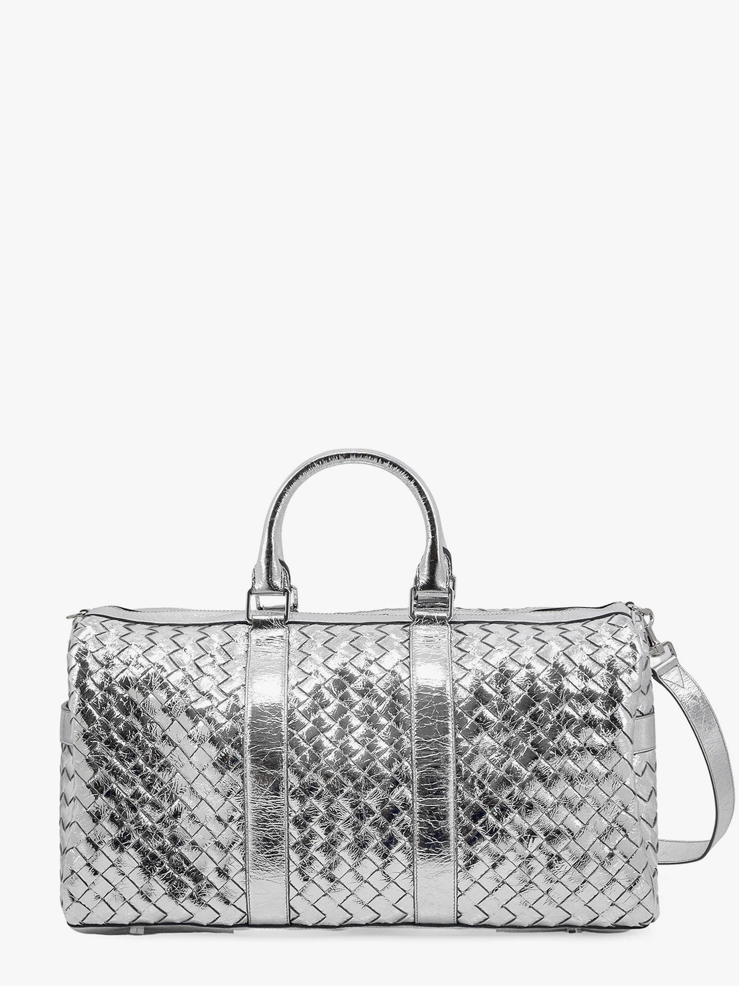 Bottega Veneta Men Silver Leather Duffle Bag With Intrecciato Motif