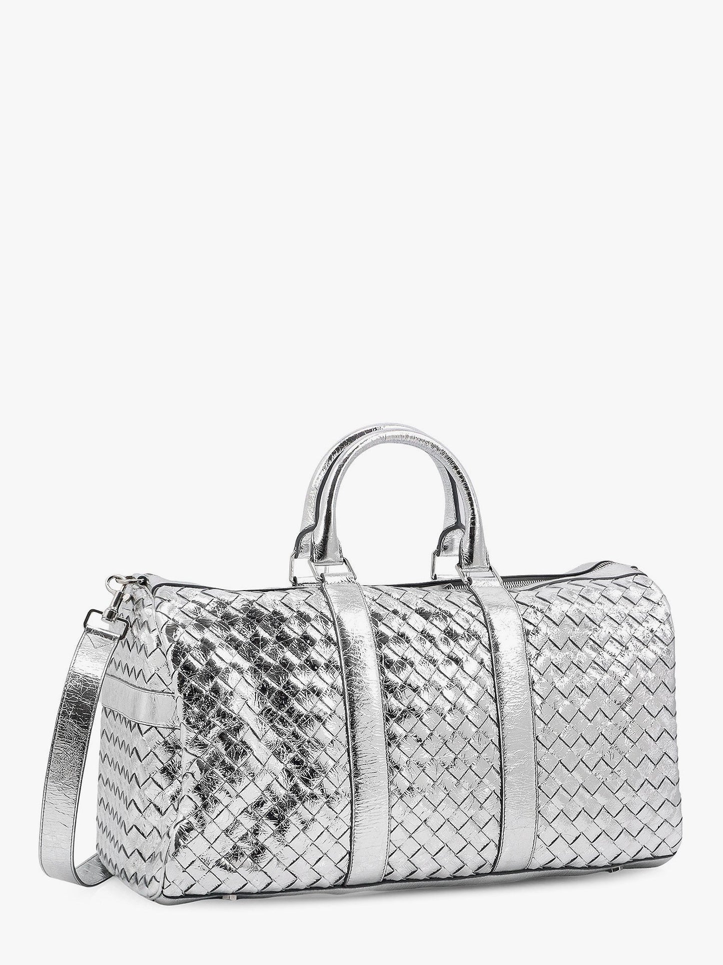 Bottega Veneta Men Silver Leather Duffle Bag With Intrecciato Motif