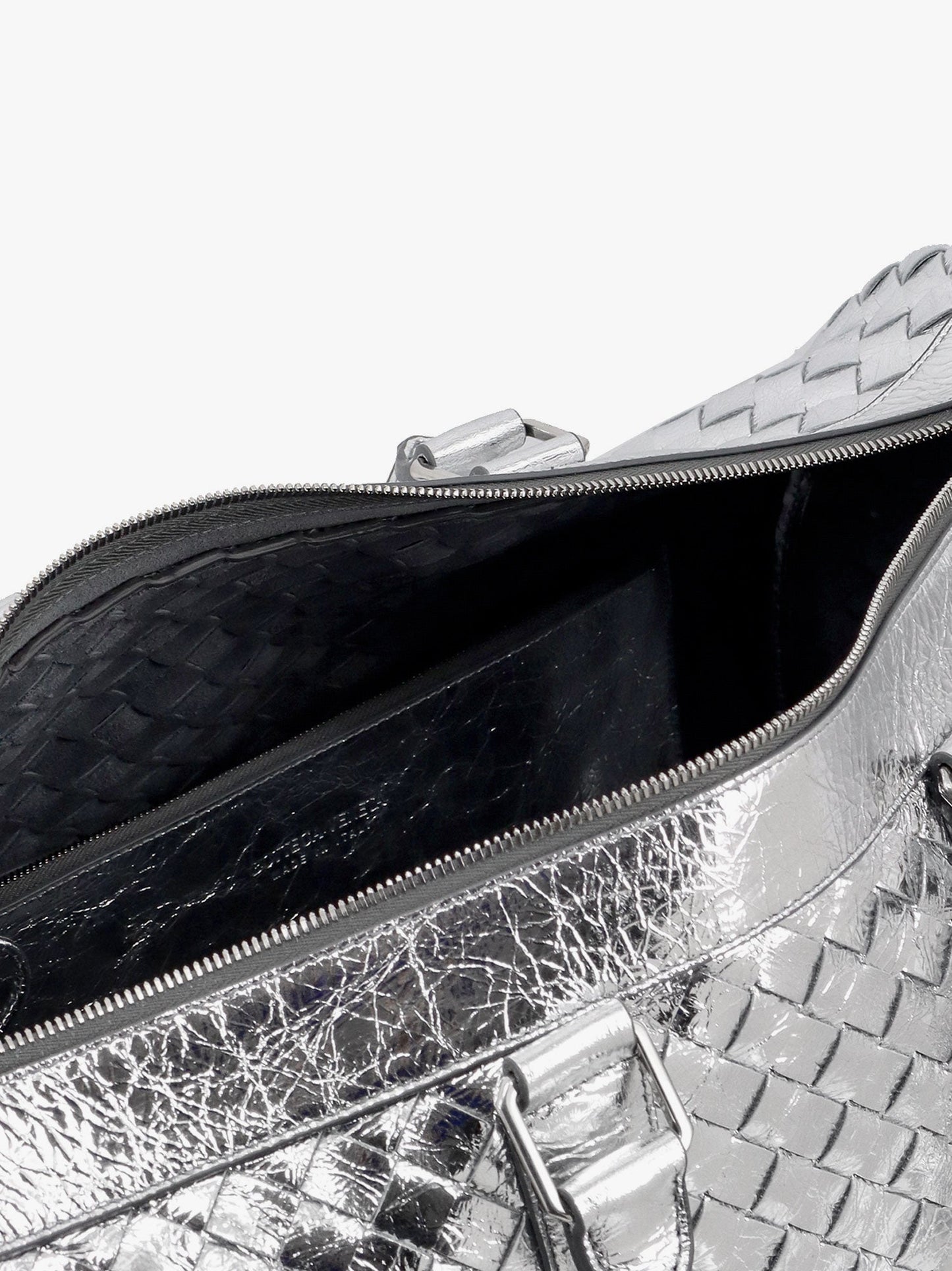 Bottega Veneta Men Silver Leather Duffle Bag With Intrecciato Motif