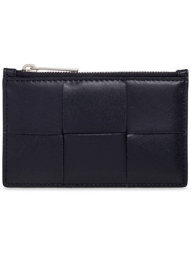 Bottega Veneta Intrecciato Leather Silver Zipper Card Wallet Navy